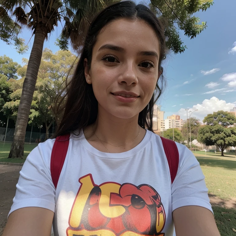 selfie, em um parque, usando calca e camiseta solta, feliz, comno rosto levemente virado para o lado.