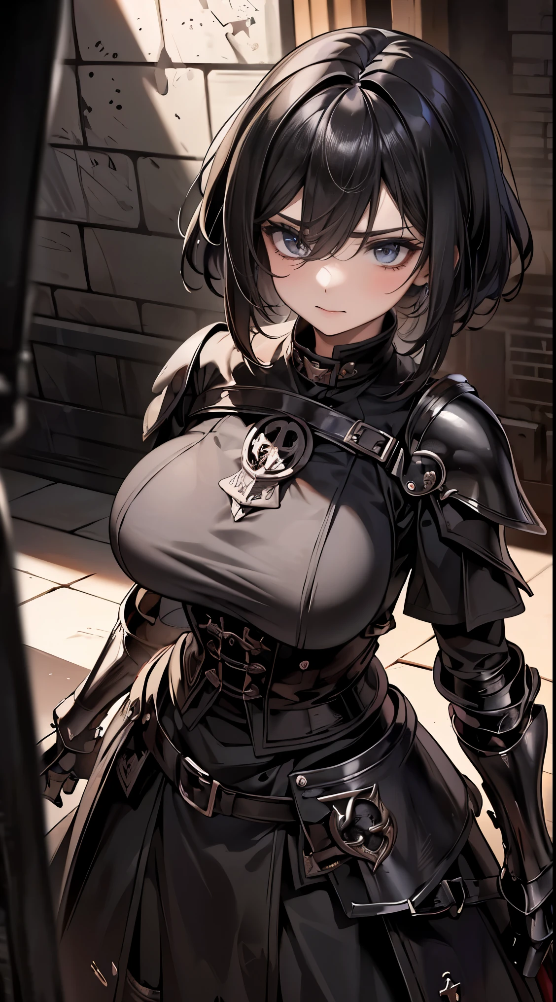 Dark Goth Emo Female Knight, big breasts, push down, cloudy霧霧設定, Huge, ((Underground Temple)), distant castle, black eyeliner, black eyeshadow, tomboy, short hair, hair between eyes, side lock, Finely crafted medieval knight&#39;s armour, tight waist, wide hips, cloudy