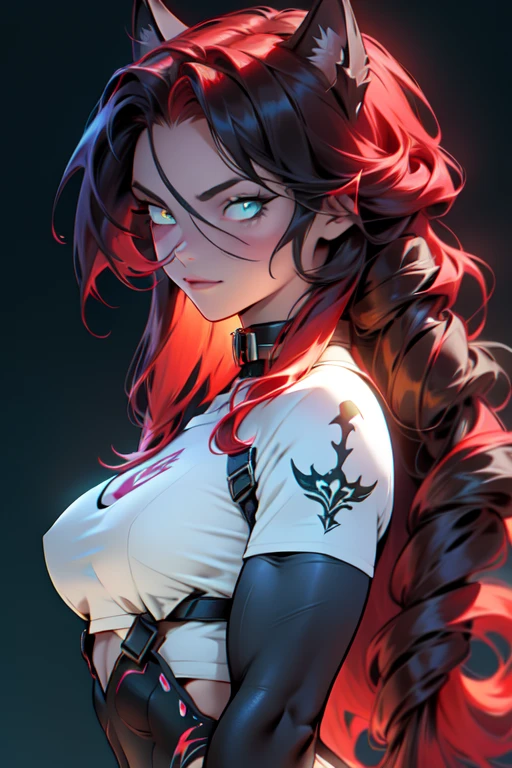 extremely long hair messy hair wavy hair hair between the eyes black hair yellow eyes pale skin annoying muscular girl muscular girl muscular girl red hair with blue reflections green eyes little clothes a little gothic