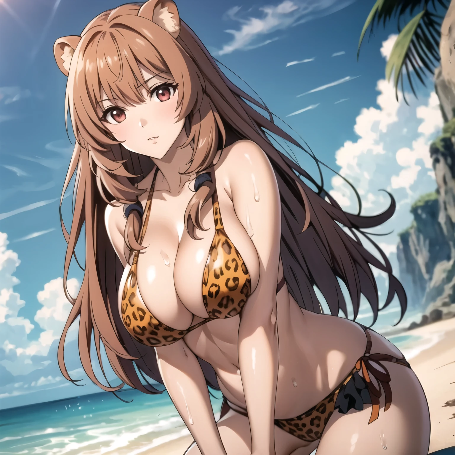  Raphtalia atractiva mujer. orejas de oso, cabello naranja, red eyes like rubies, enfadada furiosa, rubor, pechos grandes,  orange bikini with leopard design, pezones marcados, accesorios, fondo playa, gotas de agua en su pecho. gotas de agua en su cuerpo, de pie parada frente al espectador.  bikini naranjo. sus pezones se marcan.