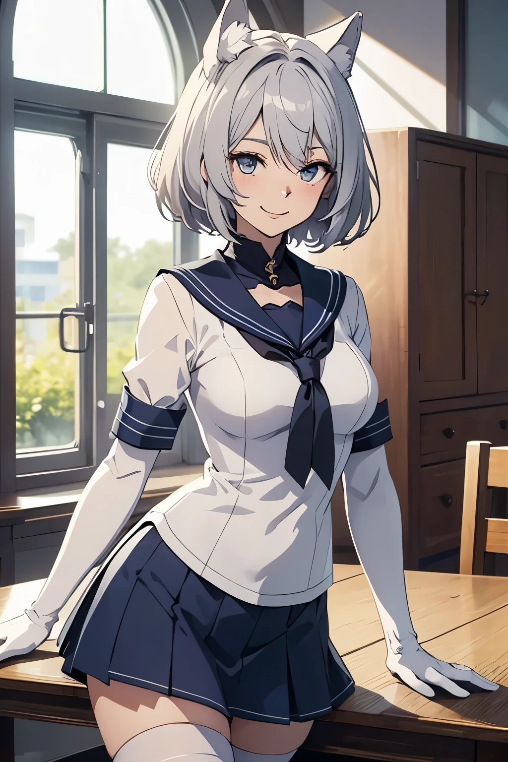 table top　 best image quality　wonderful　high detail　One Young Woman（（adult））anime style　sailor suit（No sleeve）　navy blue mini skirt　white long gloves（elbow gloves）　white stockings　wolf ears　short hair（（shortcut）（gray hair）（curly hair）（fluffy））　smile（Happy）　eye color is blue