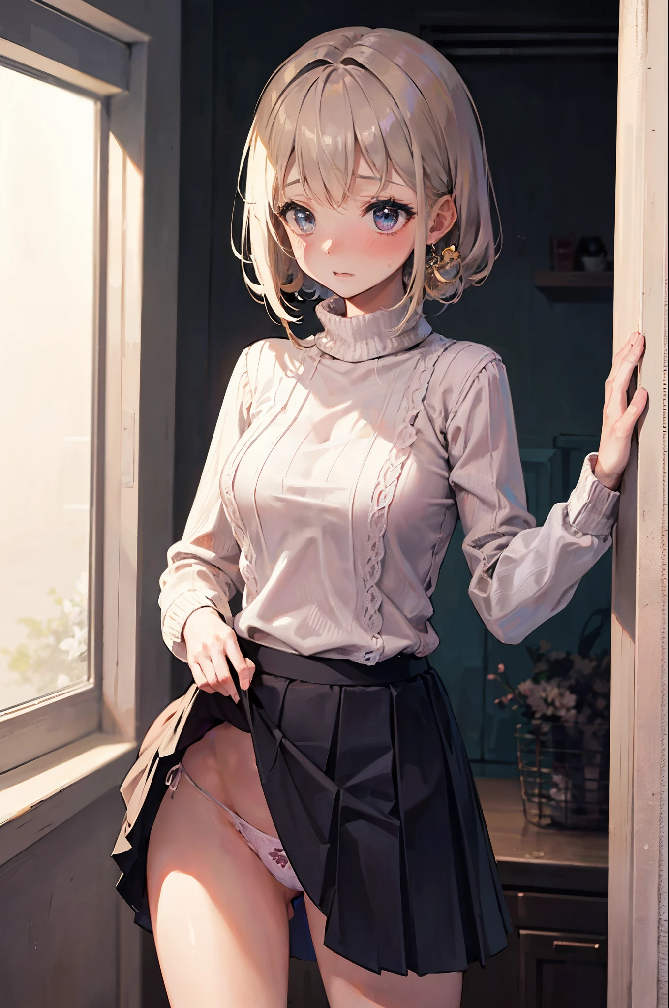 transparent、A glossy look、、blush、shy、8K, highest quality, masterpiece, wearing knit sweater & miniskirt, (Flirtingly lifting her skirt to show her panties:1.3)、I can see a little of your panties、super detailed、random angle、random hair color、random pose、、embarrassed expression、blush、whole body visible、random color panties、wearing knit sweater & miniskirt, (Flirtingly lifting her skirt to show her panties:1.3)、I can see a little of your panties、、sweaty、random hairstyle、room、Blush