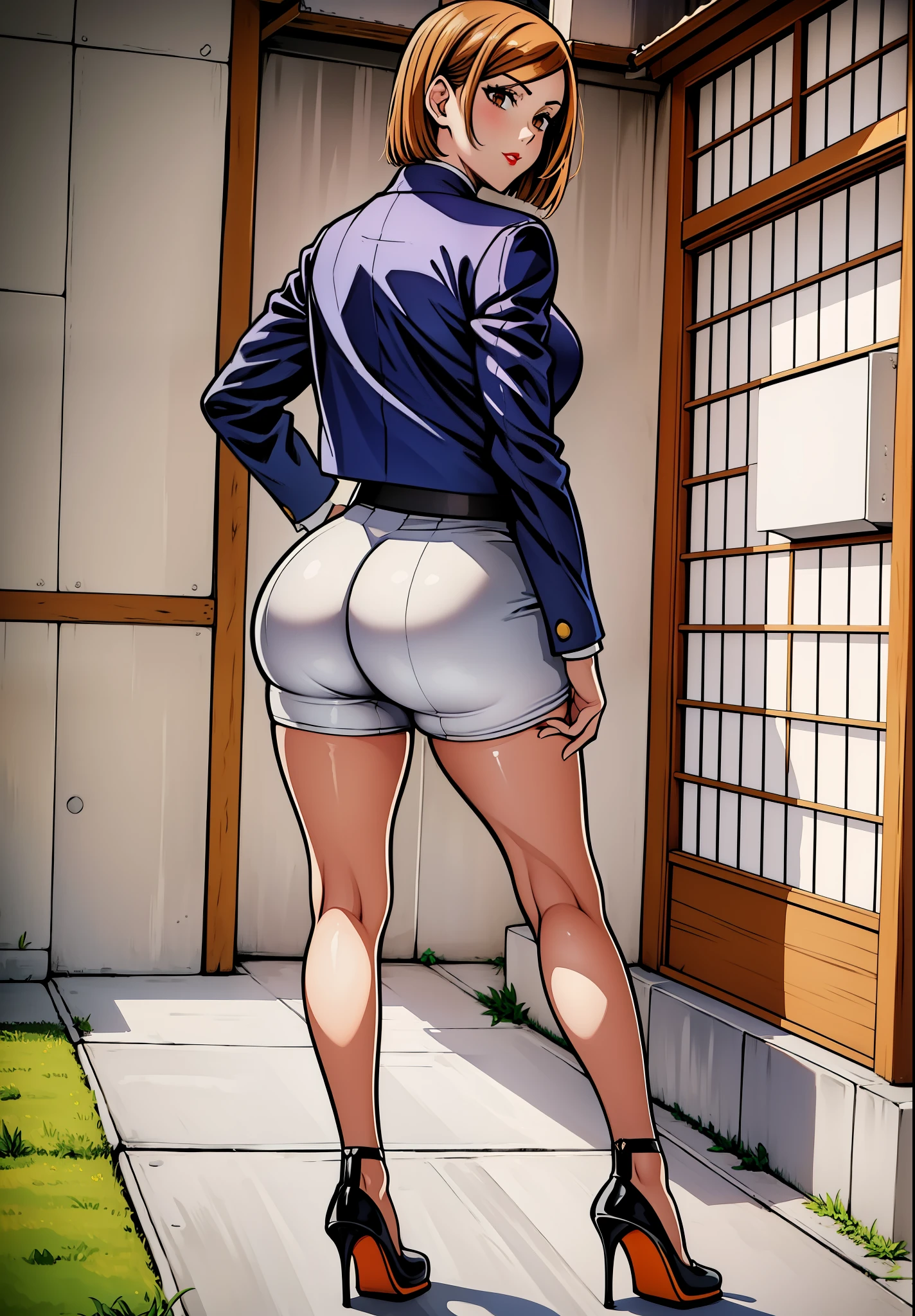 anime - style picture of a woman in high - waisted shorts and heels, cutesexyrobutts, thick thigs, beautiful anime girl squatting, bending over, thick thighs, thicc, oppai, giantess art, large thighs, thighs!!!, shapely derriere, thick legs, rear-shot, looking from behind, low view, best quality, masterprice, 1girl, (solo:1.1), raytracing, ultra detailed,detailed face, 8k wallpaper, large breasts, smile, wide hips, NobaraNDV, brown hair, brown eyes, jujuntsu uniform, standing, outdoor, street, detailed background, (ultra detailed:1.2), thicc body, red lips, gaze looking at the camera,