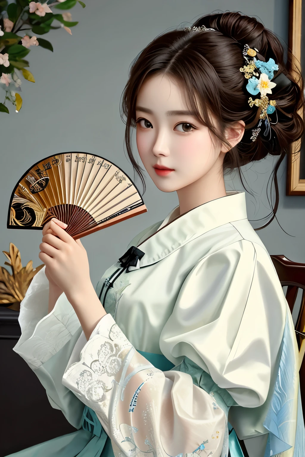 ((best quality)), ((masterpiece)), (detailed), perfect face, Korean beauty holding a fan in her hand, Giovanni Boldini(Giovanni Boldini), perfect hands, different actions, clothes:random color,
