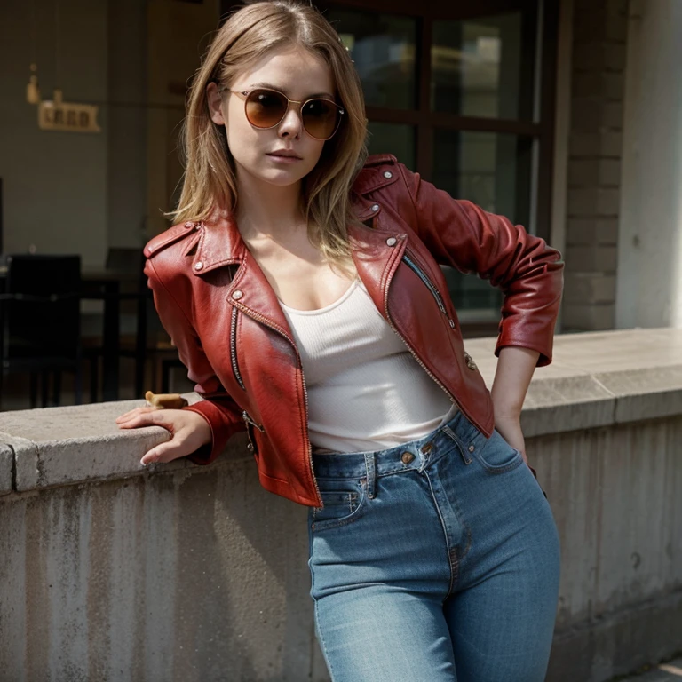 Rose McIver dressed in red leather jacket and tight jeans with sunglasses