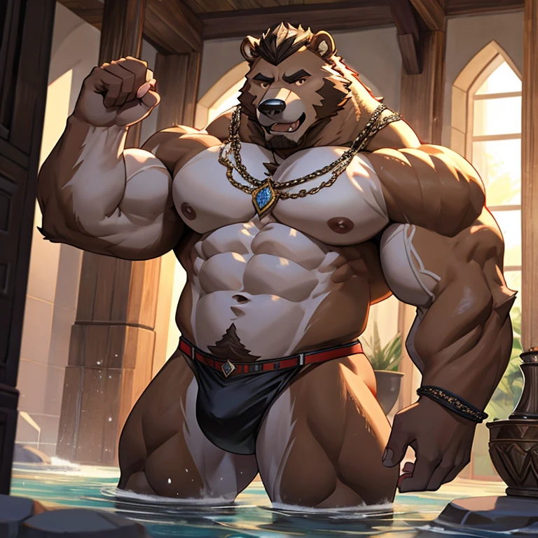 oso pardo、brown belly、Full body brown、cara grizzly、El rostro de la bestia、un bikini blanco、small face、Cuello grande、cuerpo de oso grizzly、postura a cuatro patas、suelas detalladas、Cabello oscuro detallado、perfil、Vello corporal que era todo lo contrario.、desnudo completo、massive musclesgiant abdominal muscle、cara vuelta hacia arriba、perfil、mirada enojada、gran cantidad de pelo en el pecho、gran cantidad de pelo en el vientre、rastrojo、gran cantidad de vello en las axilas、ojos grandes estilo anime、grandes ojos dorados、garras afiladas, gran colmillo blanco、composition looking up from directly below、entrepierna enorme、entrepierna redonda y abultada、Bathing in milk、Bajar las comisuras de la boca.、lengua gruesa、todo el cuerpo esta mojado、sudor masivo、lamiendo la lengua、Narrow and closed room、restos、Aliento blanco