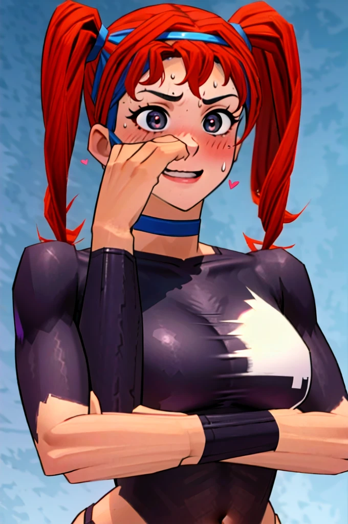 Twintail, red haired, 1girl, grey eyes, tall, well toned, well built, muscled, toned muscles, heart-shaped pupils,fingernails,hands on own face,(blush:1.1),choker,upper body,trembling,sweat,sweatdrop,heart,(speed lines:1.1),medium breasts, ((heavy breathing:1.3)), love, heart, crop top, happy, smile