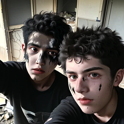 Selfie of two boys covered in soot and with their hair standing on end after being caught in an explosion