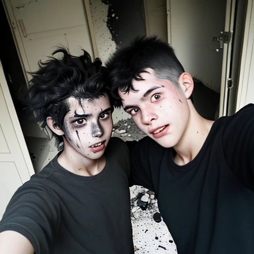 Selfie of two boys covered in soot and with their hair standing on end after being caught in an explosion