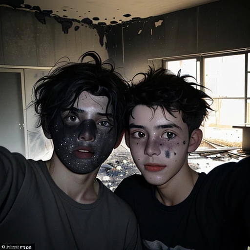 Selfie of two boys covered in soot and with their hair standing on end after being caught in an explosion