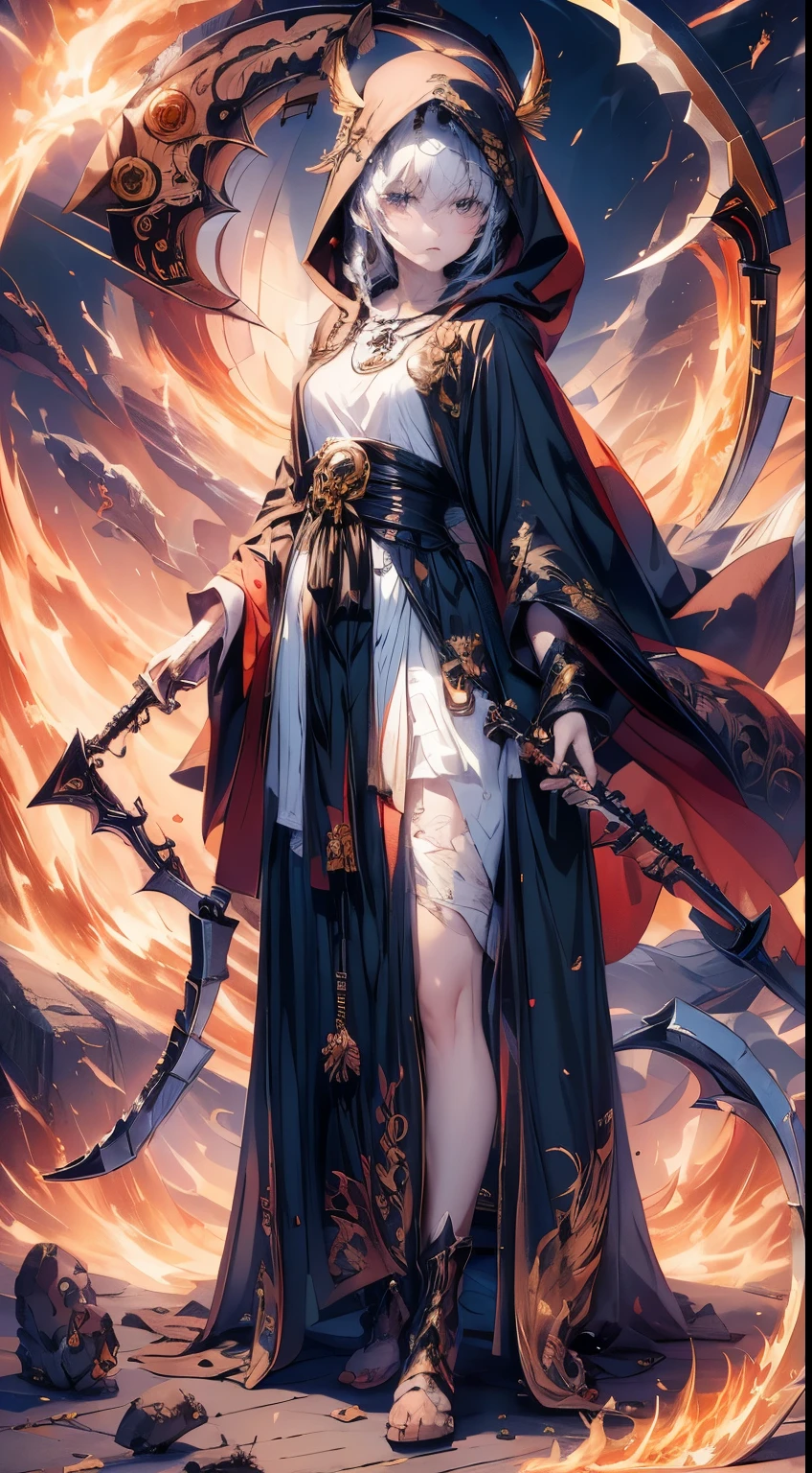 (Masterpiece), (Best quality), 1 girl, (shinigami),(breathingfire:1.5), gazing, standing, watch audience, A cloak that covers the whole body, (Skeleton decorated robes), ((((A gold skull pendant hangs from his waist)))), (He wears a golden skull mask on the side of his head), (Armed with a death scythe:1.5), Swim in a mysterious underwater world, Transparent gold glowing gold skeleton, Skull boots, nipple tassels, Fire,Phoenix