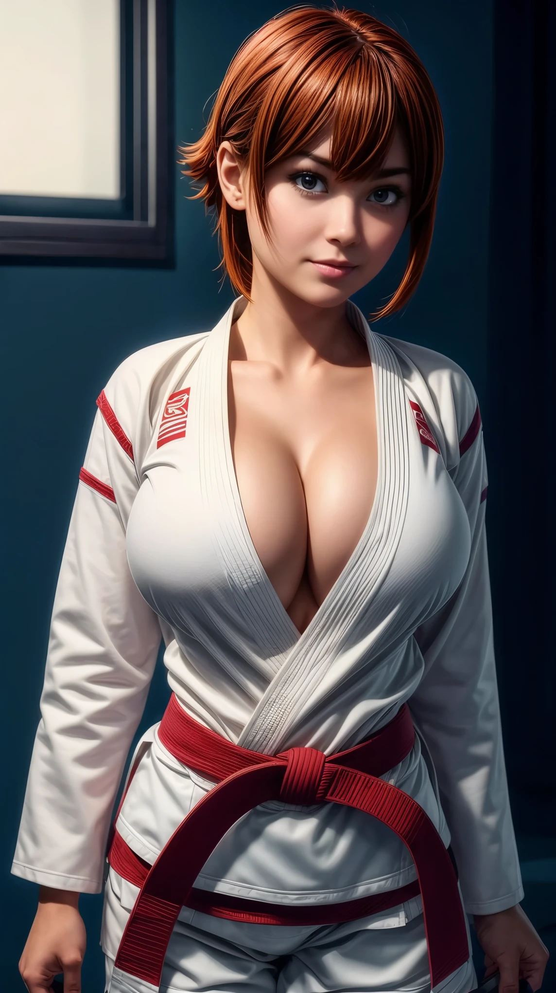 There was one girl with shiny skin， sexyposture，best qualtiy，tmasterpiece，（Photorealsitic：1.4），breast enhancement,reality,offcial art,The 8k quality,Super Detail,Fine detail skin,Movie angle,Cinematic textures,Movie Lighting,masutepiece,The highest image quality,1 girl,Vermilion lips,hair messy,pantyshot,Big Mimi，crisp breasts,1girll,short hair,upper limbs,((cleavage)), thick thighs, red eyes, ((karate uniform)), ((blushing)), red hair, white pants, sleeves, from above, black belt