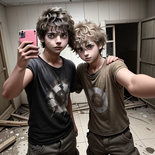 Selfie of two boys with battered hair and standing on end after being caught in an explosion