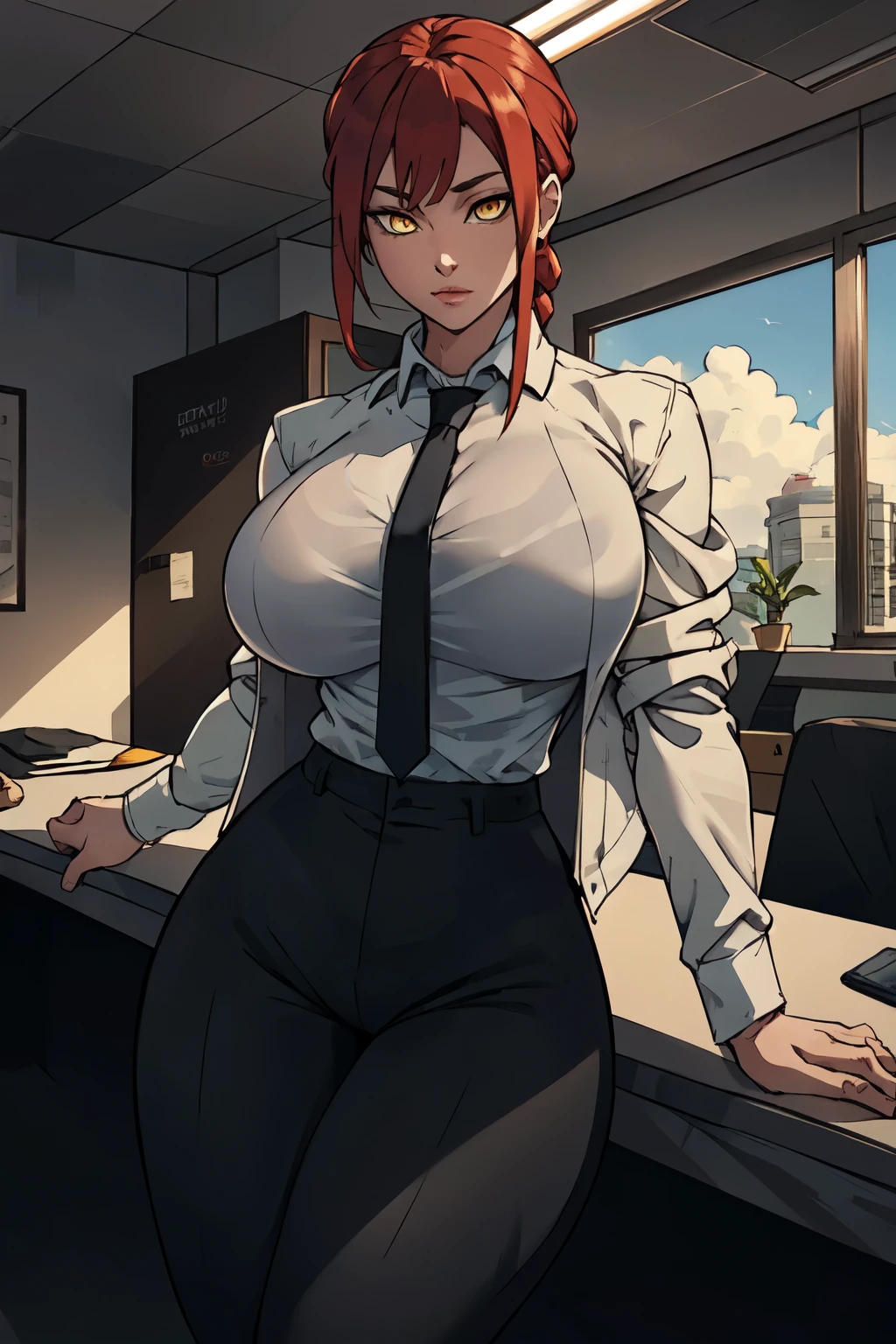 masterpiece,best quality,extreme detail,8k,makima2,1girl,solo,red hair,yellow eyes,ringed eyes,braided ponytail,With jacket: topless, huge breasts, ,long sleeves,jacket,white shirt,necktie,collared shirt,pants,black jacket,black pants,formal,suit,black necktie,shirt tucked in,office lady,