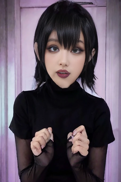 hay una mujer con camisa negra y guantes negros, 1 7 year old anime gothic girl, chica anime en la vida real, hyper anime realista, chica anime joven realista, inspirado en anime, chica anime cosplay, 1 7 year old gothic girl, estilo de realismo anime, pelo negro y ojos grandes, personaje animado; arte de cuerpo completo, anime realista