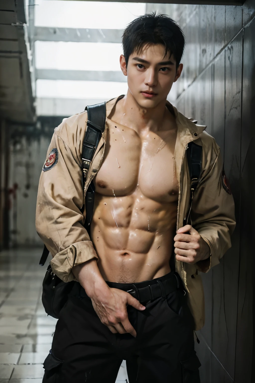 top-quality、masterpiece、超A high resolution、(realisitic:1.4)、Detailed face、solo、1human male、Dark hair、glistning skin、dense skin、(asian human)、architectural、(absurderes、hight resolution、ultra-detailliert)、、1 male、Adults、(20-year-old man)、a handsome、tall muscular man、broad shoulder、extra very short hair、angular jaws、thick neck、thick eyebrow、extra very short hair、A dark-haired、fine eyes and detailed face、 Highly detailed CG Unity 8K wallpapers、intricate-detail、(Style Swirl Magic:0.7)、looking at the spectator、solo、(full body Esbian:0.6)、Detailed background、A detailed face、dynamicposes、、Urban background、dynamic compositions、 big muscle、、((((Crotch bulge))))、a handsome、 ((masutepiece:1.4, Best Quality)), ((masutepiece, Best Quality)), (photographrealistic:1.4)、(((Dressed as a firefighter)))、M-shaped legs, Pubic hair, Open legs, , Abs, ((Erection 1.2)), (Moccoli: 1.4), (Manly chest plate)), Sweating, (He is wet, Wet 1.2),, (Slipping thin underwear, Wet and beautiful 1.4)), Blood vessels in the arm、、Chinese Bishonen、firefighter、white glove、black cargo trousers、Orange jacket coat,natta、Fire scene、firefighter、Rescue Team、having clothes are worn、Baseball Cap, Cropped jacket, Black Gloves, Belt bag, Cowboy Shot,Background of the accident