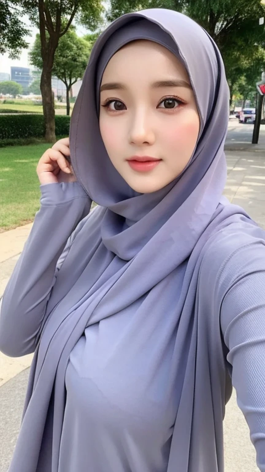 (lifelike, High resolution:1.3), 1 Girl with perfect body, very detailed face and eyes,hijab, indonesian:1.2, whole body, beautiful, city roads, cute face