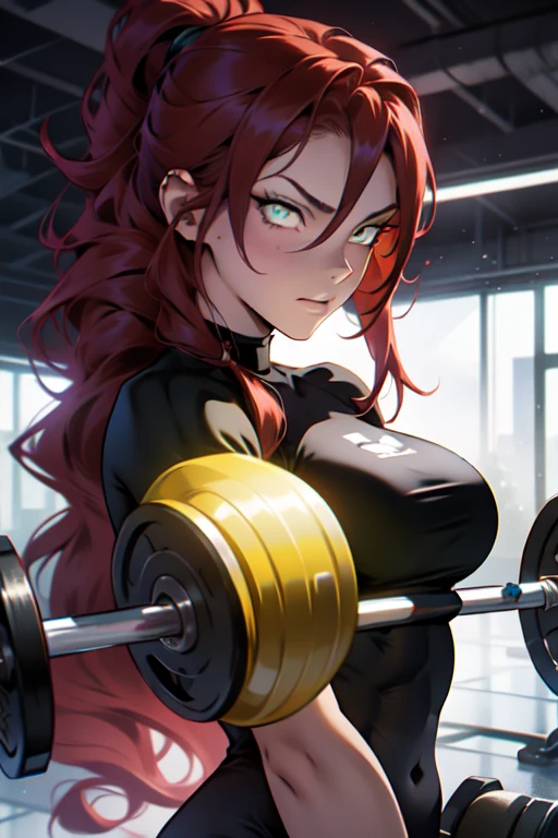 extremely long hair messy hair wavy hair hair between the eyes black hair yellow eyes pale skin upset muscular girl muscular girl muscular girl red hair with blue reflections green eyes little clothing a little goth lifting weights in a gym 