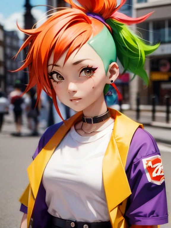 (Chiaki), Mohawk mowing, Side Cropped Hair, green hair, Orange side hair, 1 girl, earrings, white face, undercut, London Punk Fashion, purple clothes, small breasts,