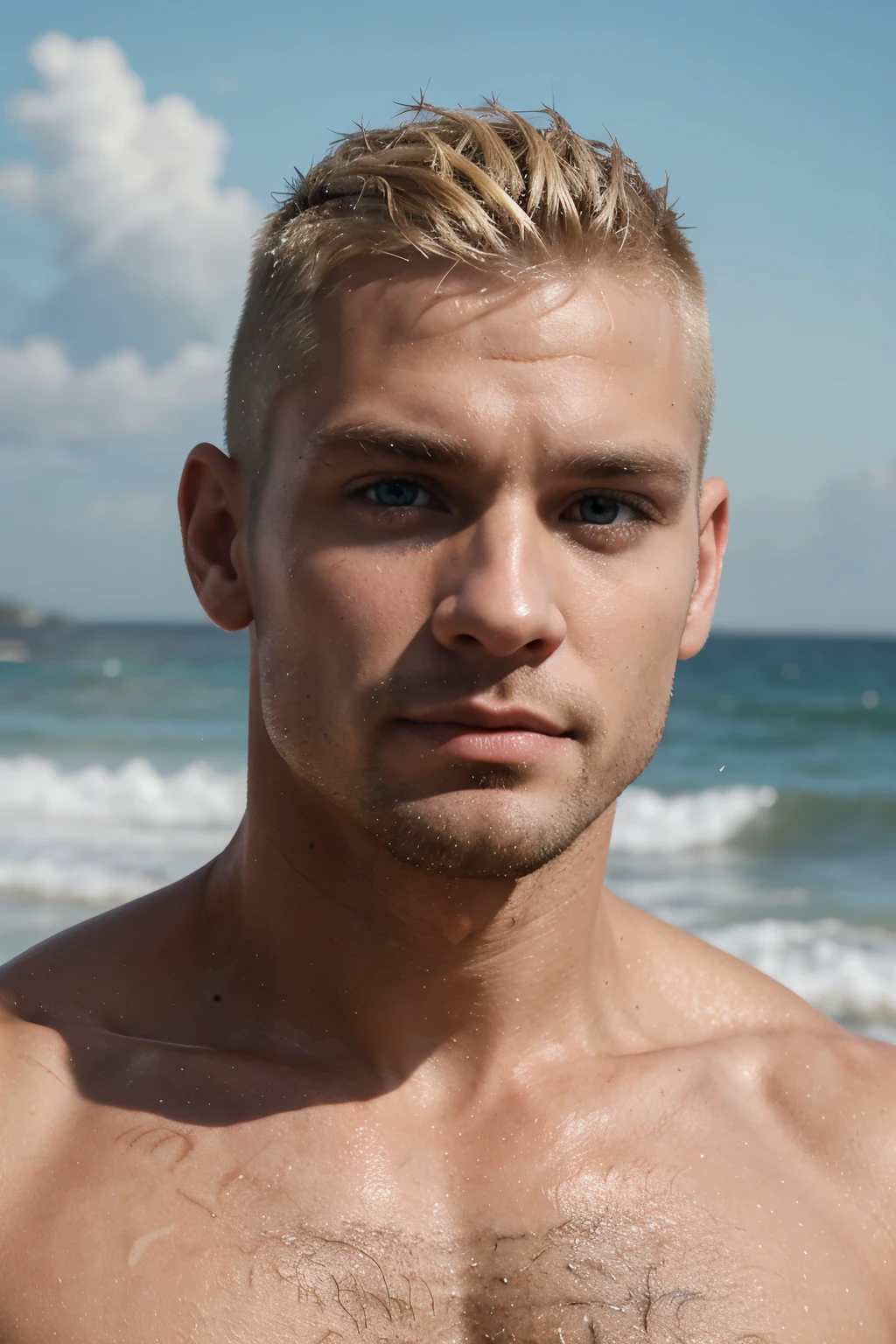 30-year old muscular male, dirty blonde shaved hair, blue eyes, stubble facial hair, chiseled face