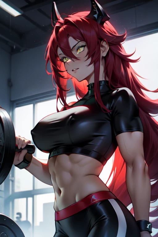 extremely long hair messy hair wavy hair hair between the eyes black hair yellow eyes pale skin upset muscular girl muscular girl muscular girl red hair with blue reflections green eyes little clothing a little goth lifting weights in a gym  