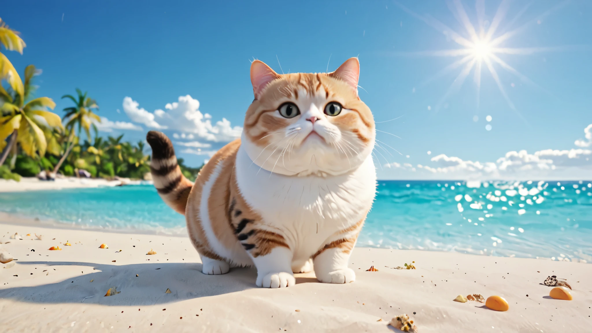 Chubby cat, swimming along a beautiful beach, master piece, high resolution 4k, 3d artwotk