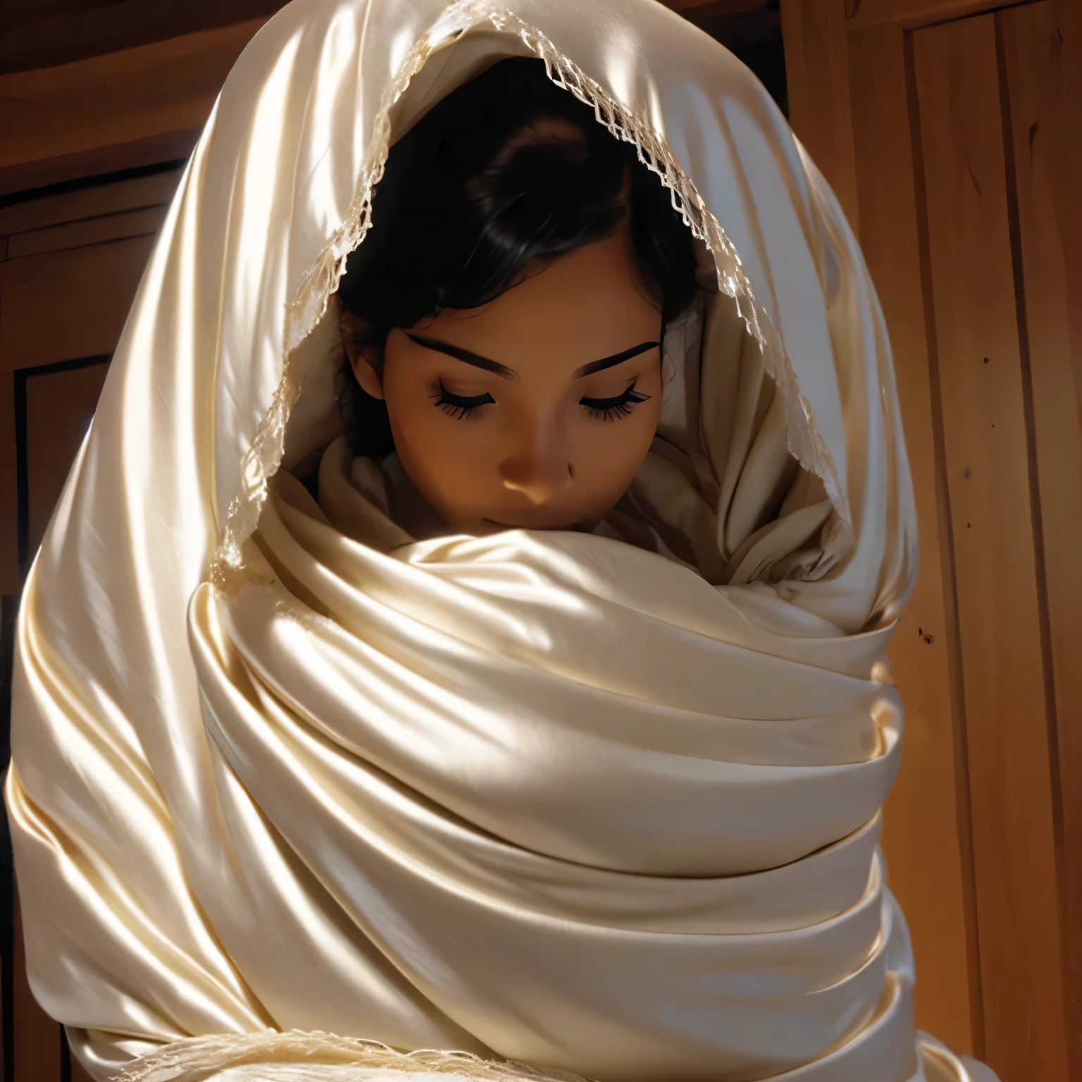 a beautiful woman in the silk sack, mummified