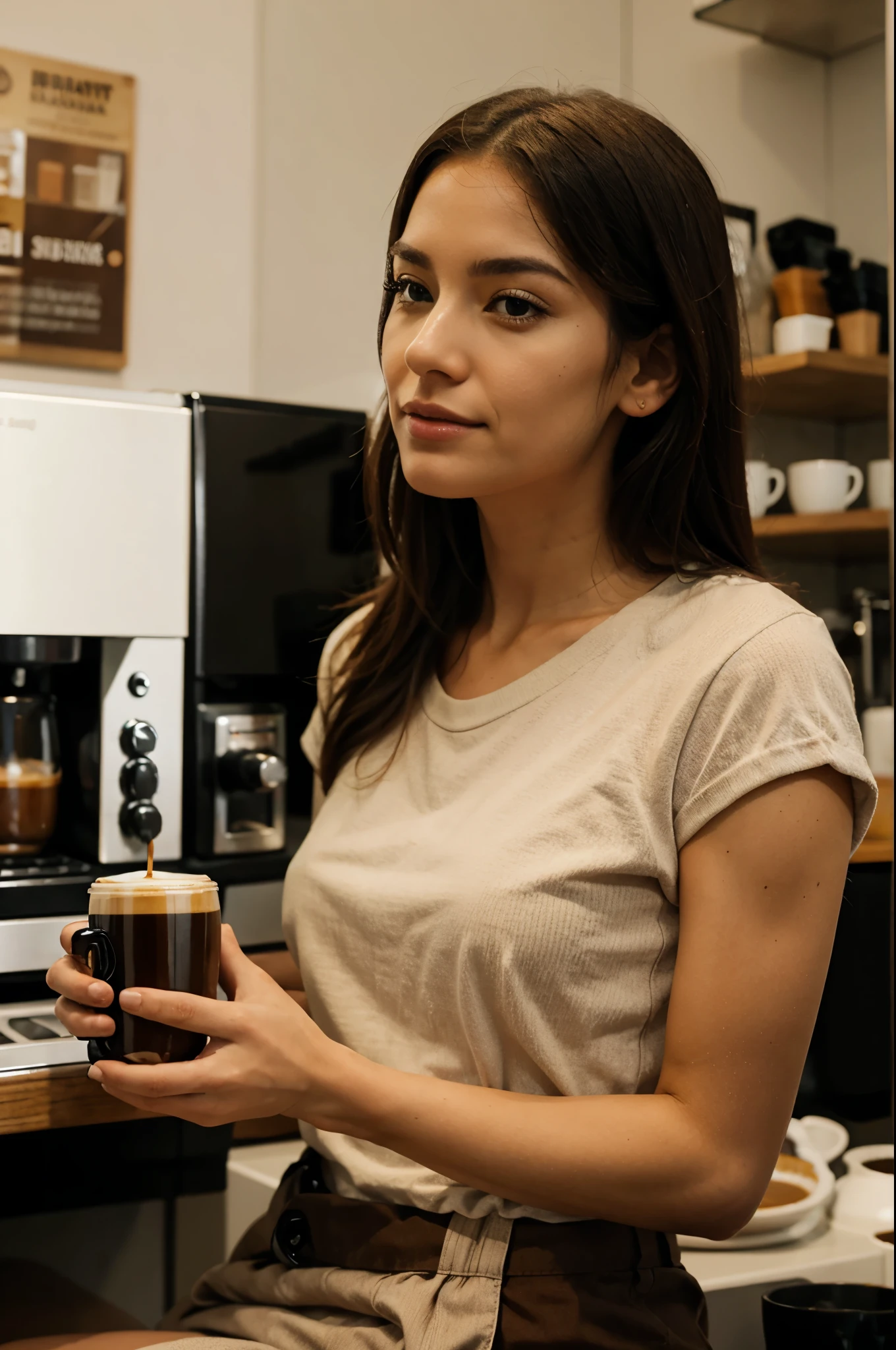 She will hold the coffee glass in her hand