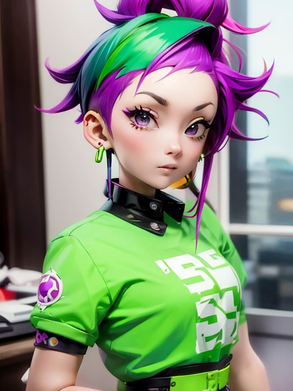 (Chiaki), Mohawk mowing, Side Cropped Hair, green hair, purple side hair, 1 girl, earrings, white face, undercut, London Punk Fashion, small breasts,