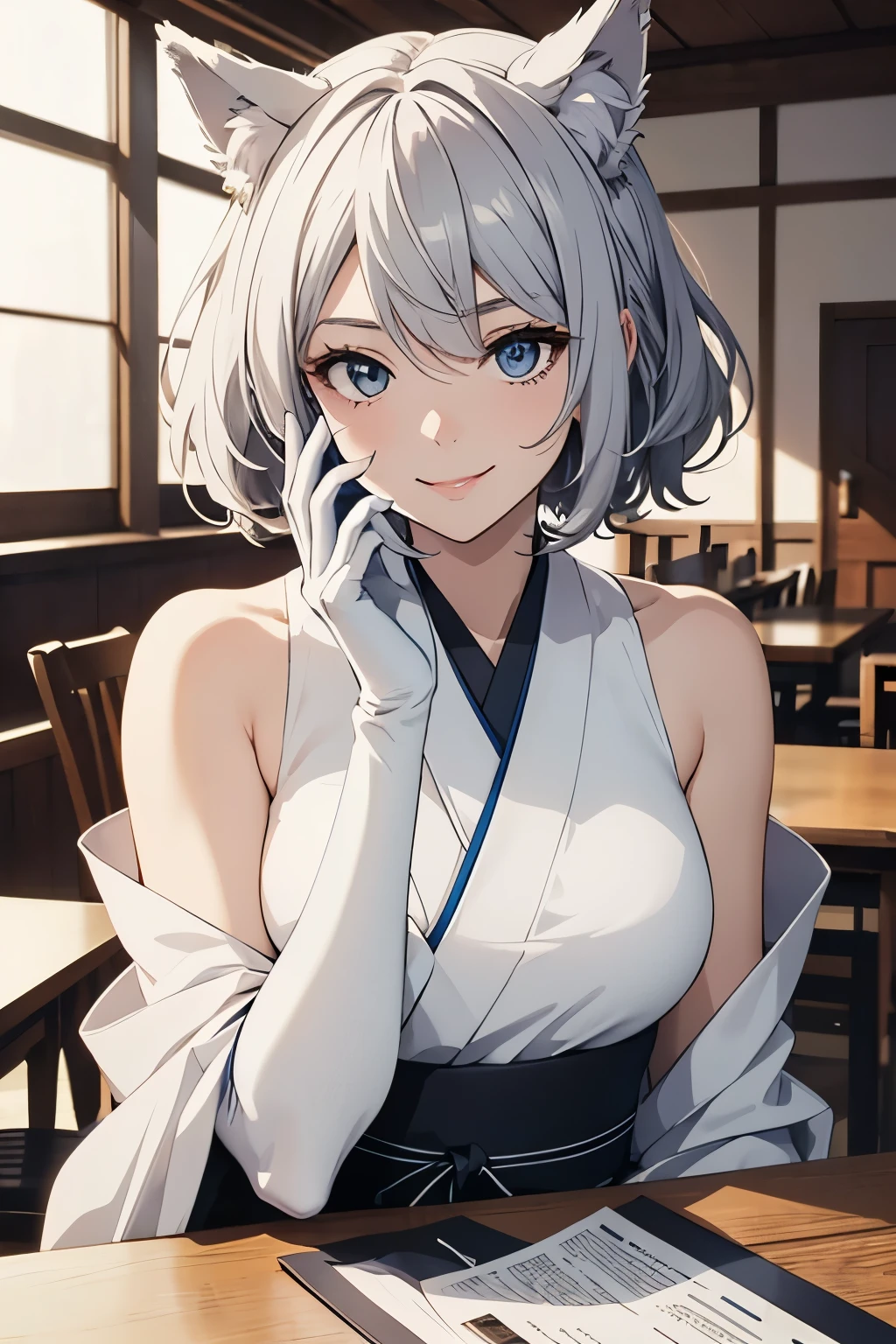 table top　 best image quality　wonderful　high detail　One Young Woman（（adult））anime style　white kimono（sleeveless）　white long gloves（elbow gloves）　white pantyhose　wolf ears　short hair（（shortcut）（gray hair）（curly hair）（fluffy））　smile（Happy）　eye color is blue　Japanese style room　sit