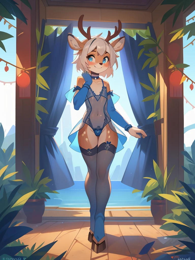 by Skygracer, by Pixelsketcher, by Sollyz, by David Teniers the Elder, by Foxovh , by Nikolina Petolas , by George Romney, solo male , (((male, deer))), ((((flat chest, male, femboy, girly, solo, full body )))), deer snout, clear glowing blue eyes, big deer ears, Best quality, Super detailed illustration, feminine face and body, long white hair, (Chinese dress, cheongsam), side tie thong, ((transparent dress, high cut dress, blue lacy thong, blue lacy lingerie)), hair ribbons, shy smile, small waist, wide hips, Slim, perfect body, DND style, detailed hooves legs, detailed hands, standing, ass visible through thighs, looking away, thigh gap, thighhighs, choker, bare shoulders, thick thighs, thighhighs stockings