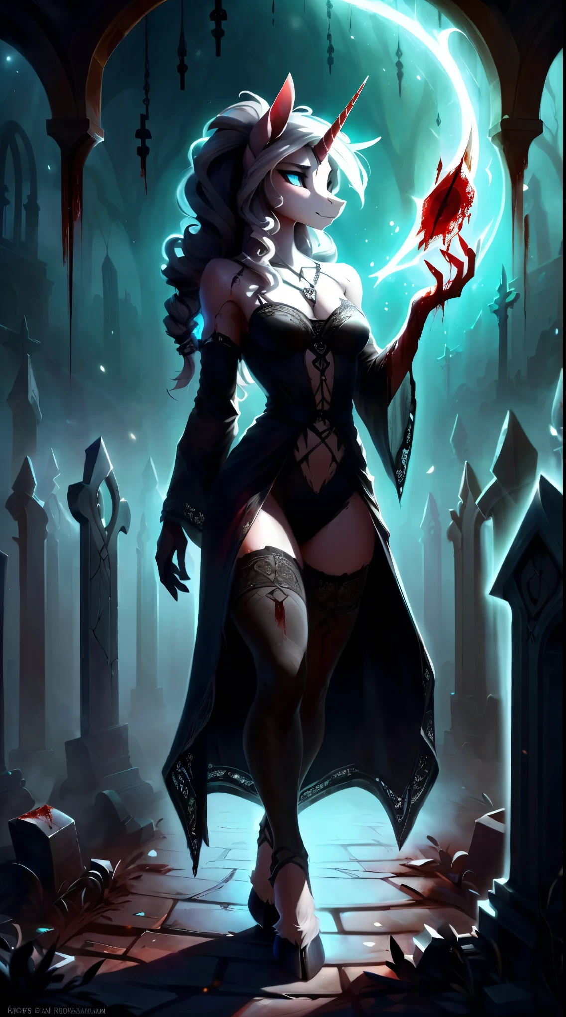 uploaded on e621, by Bayard Wu, by Thomas Benjamin Kennington, by Einshelm, solo anthro, ((Portrait)), Necromancer, ((Wear a decayed lace dress, necromancer robe)), torn robe, (detailed Bonifasko lighting), (Detailed fur), (detailed skin), ((grey flesh with with runic signs)), (Cinematic lighting), ((Detailed background, graveyard, grave, at night, ruins, mystic shadows)), ((The crypt background)), (pale eyes, bloody glow), (long gray hair, disheveled hair), Necromancer pony, MLP, My Little Pony, furry fantasy art, anthro art, commission for high res, Furry art, pov furry art, Sakimichan is beautiful, Best Quality, Detailed image, Detailed Face, perfect lighting, Perfect shadows, Perfect eyes, focus on girl, flawless face, gorgeous body, Hourglass body, feet focus (hooves in stockings), Body fur, Animal nose, pony muzzle, Grim look, half closed eyes, 1girl, full body, Detailed fur, Balanced coloring, ((Long curly mane, curly pony tail)), Furry, anthro, (attractive body), perfect legs, Dark energy Light, Stave, ((Casting a Bloody Spell)), Plague Spell, Raising the dead from the graves ((Bloody magic))