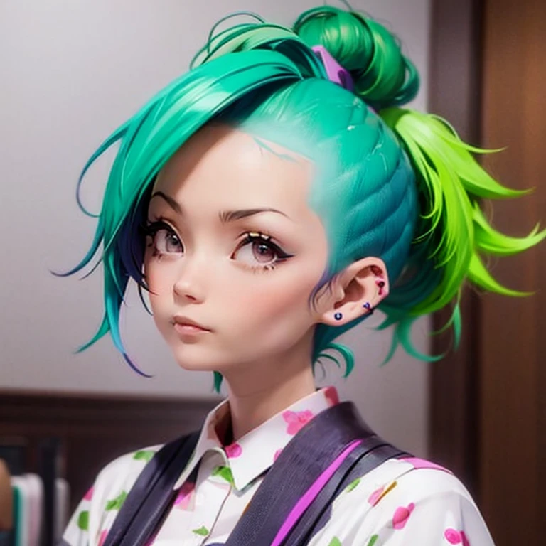 (Chiaki), Mohawk mowing, Side Cropped Hair, green hair, purple side hair, 1 girl, earrings, white face, undercut, London Punk Fashion, small breasts,