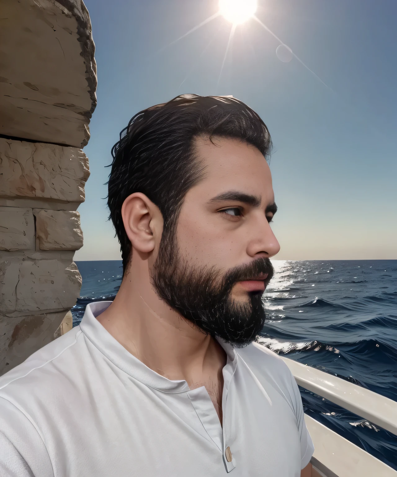 Parte superior del cuerpo, Hombre con barba y camisa color blanco, navegando en el mediterraneo con un eclipse solar total de fondo, muy hermoso. Super polished and cool, plano medio de un guapo.