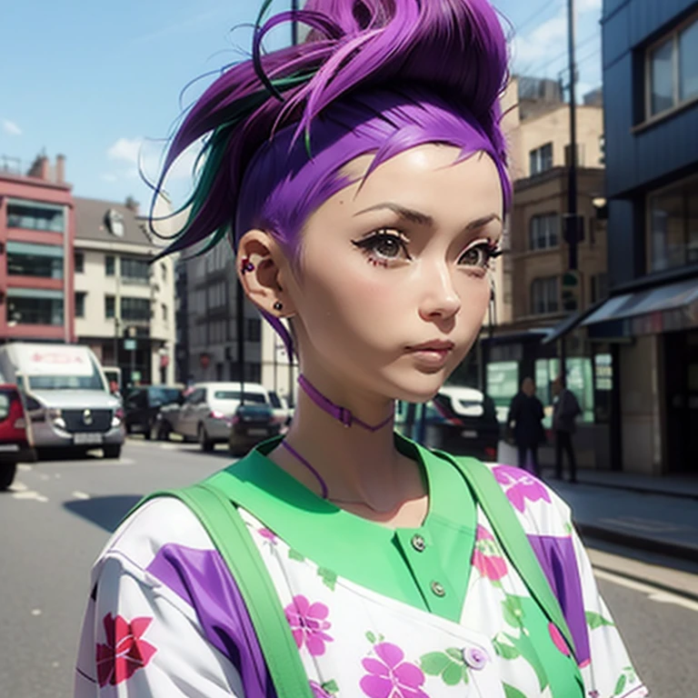 (Chiaki), Mohawk mowing, Side Cropped Hair, green hair, purple side hair, 1 girl, earrings, white face, undercut, London Punk Fashion, small breasts,