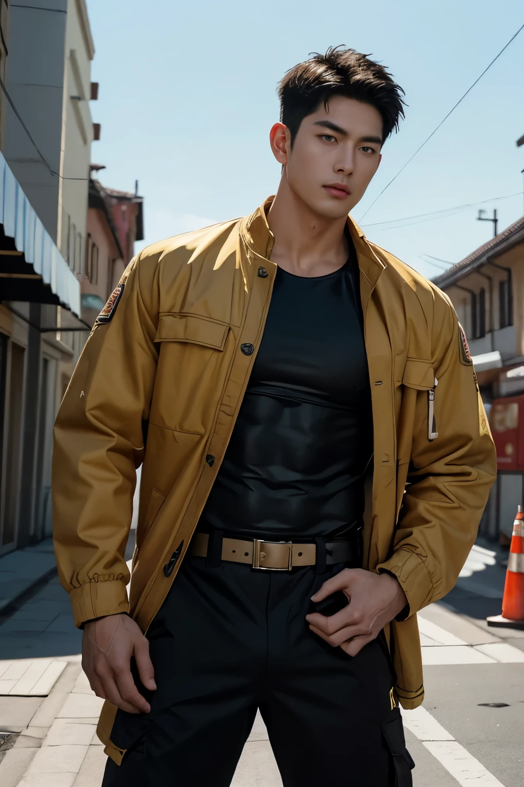 Japan man, ((30s young firefighter man)), (Lovely erotic black men of beautiful body, perfect handsome and beautiful face:1.3),((shirtless and wear fireman's jacket :1.2)), wear a firefighter's uniform, skinny muscles, abs, top 100 handsome man in the world, bright lights, the background of the fire engine and fire department, Real 8000k professional dslr photo portrait of olpntng style, hauntingly surreal,rich Delicate colors, highly detailed, trending on cgsociety,trending on artstation, gloss, by artgerm, heavy strokes,sharp focus,emitting diodes, a real-life image, big eyes, ultra intricate details, sdxl, sfw, a thick silhouette on the outside of the pants,full of masculinity, uhd picture, clear image, close up,