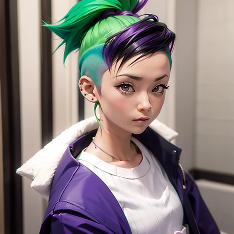 (Chiaki), Mohawk mowing, Side Cropped Hair, green hair, purple side hair, 1 girl, earrings, white face, undercut, London Punk Fashion, small breasts,