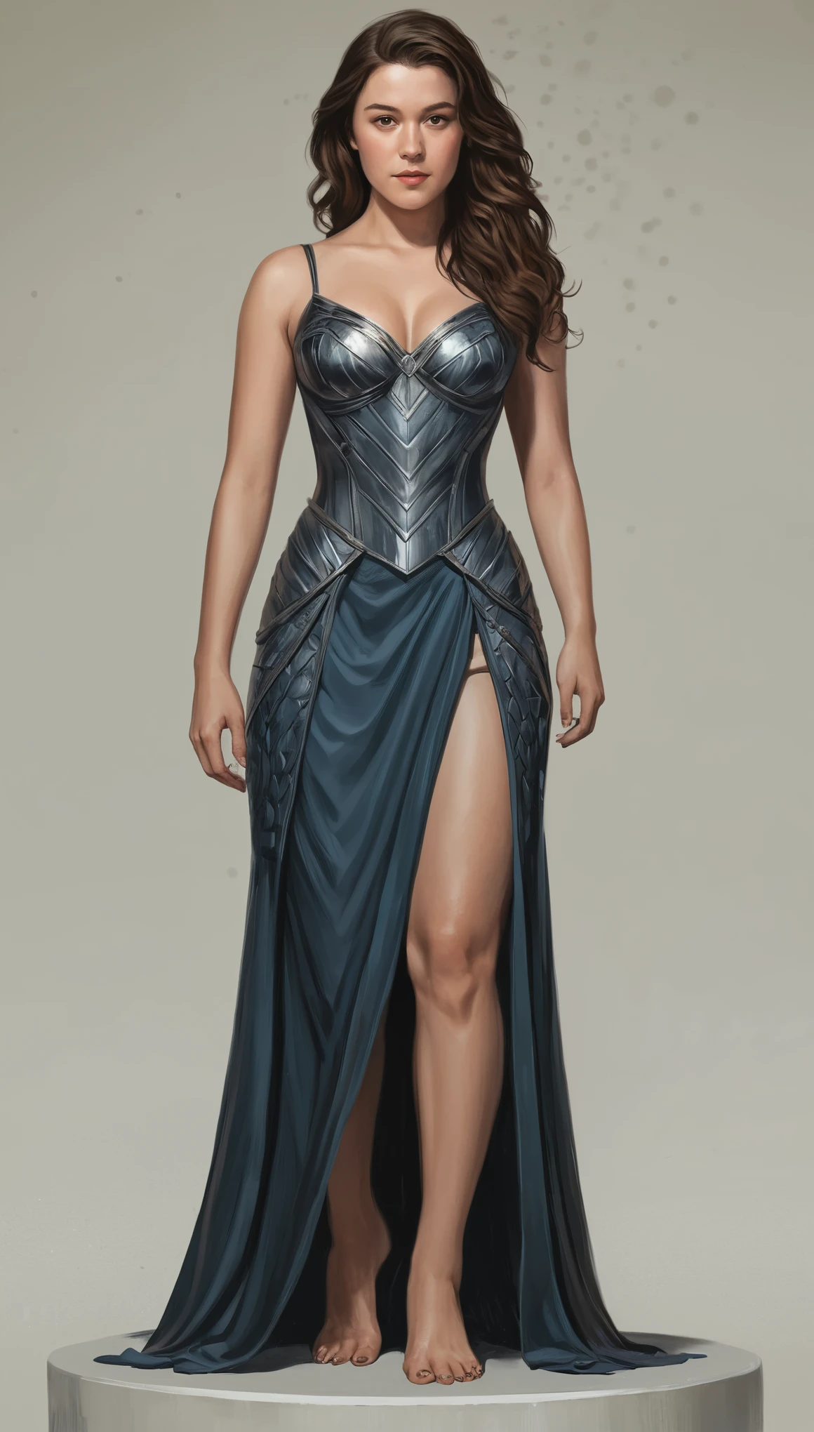 An illustrated movie poster, hand-drawn, full color, a Westerosi teen girl, wearing a long regal dress, resembles Mary Elizabeth Winstead, sun-tanned complexion, tall, athletic, hourglass figure, toned midriff, bottom-heavy, generous hips, massive bubble-butt, ridiculously thick powerful thighs, dark hair, long hair, waist-length hair, posing on a pedestal, hard shadows, graphite shading, stencil marks, airbrushed acrylic paint, masterpiece, in the style of Game of Thrones