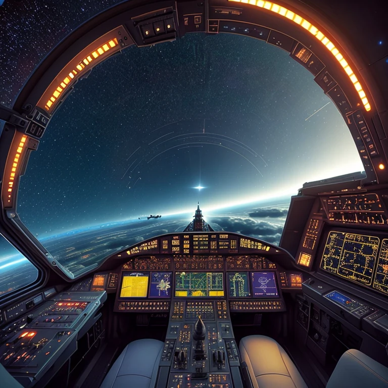 Generate an image depicting a pilot in the cockpit of a spacecraft navigating through the stars. The pilot is shown in a focused expression, manipulating controls while surrounded by monitors and instruments. Through the cockpit windows, the vastness of space and distant galaxies are visible, conveying a sense of adventure and the wonders of interstellar travel. ultra-realistic, por Thomas Cole, cinematic, atmospheric, composition, paisagem urbana, Sense of wonder, 8k