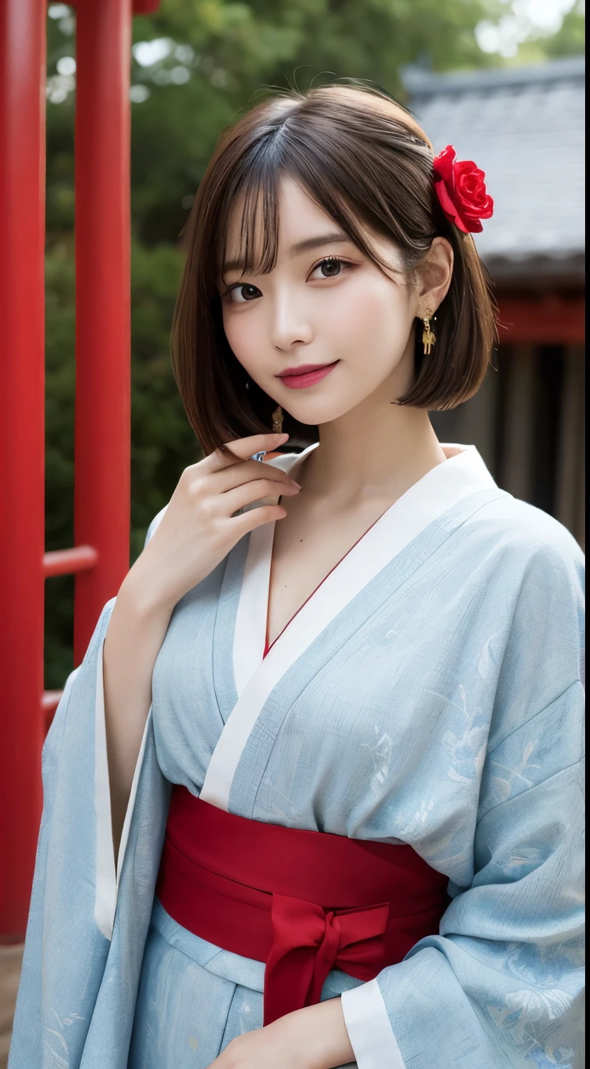 table top, highest quality, figure, Super detailed, finely, High resolution, 8k wallpaper, 完璧なダイナミックな構figure, detailed and beautiful eyes, colorful kimono,flower hair ornament,medium hair, middle of chest, natural color lip, random sexy poses,smile,Shrine with red torii gate