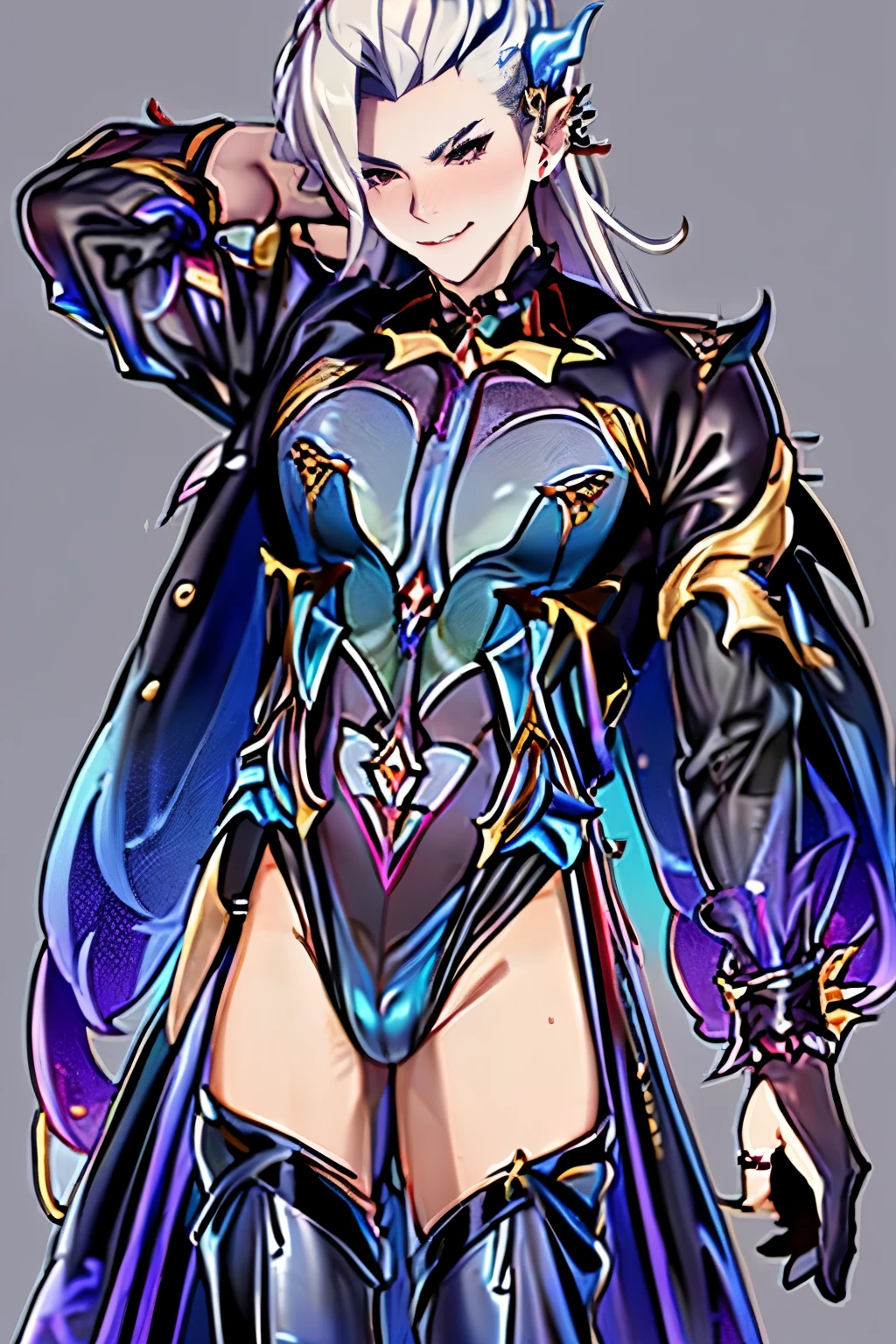 masterpiece, top-quality, Hi-Res, (((((((1boy in))))))), (((((Neuvillette)))))), (((Evil Fall))), (((Leotard)))), (Hollow eyes), (Evil stained figure))。Black costume。The sheen。tattoo。, Long hair, Multicolored Hair , White and Blue hair,full-body view,Stage background,Gothic background,