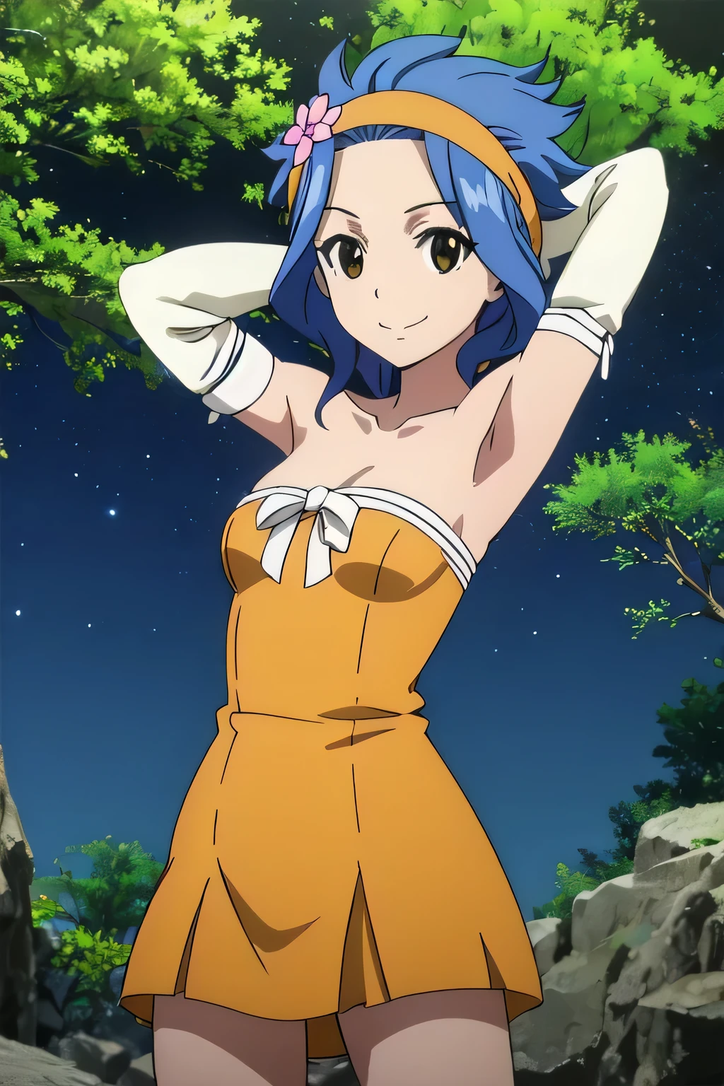 LEVY MCGARDEN, (BROWN EYES:1.35), BLUE HAIR, SHORT HAIR, SIDELOCKS, HAIR ORNAMENT, DRESS, BARE SHOULDERS, COLLARBONE, FLOWER, DETACHED SLEEVES, HAIR FLOWER, STRAPLESS, HEADBAND, SHORT DRESS, STRAPLESS DRESS, ORANGE DRESS, 1girl, smile, solo, night sky, forest, arms behind head, contrapposto, spread armpits, closed mouth,, looking at viewer, cowboy shot,