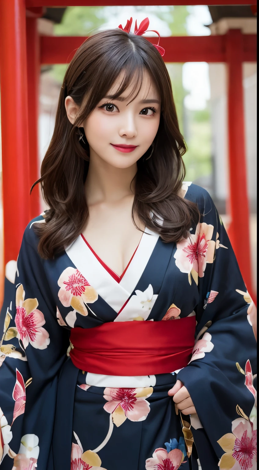 table top, highest quality, figure, Super detailed, finely, High resolution, 8k wallpaper, 完璧なダイナミックな構figure, detailed and beautiful eyes, colorful kimono,flower hair ornament,medium hair, middle of chest, natural color lip, random sexy poses,smile,Shrine with red torii gate