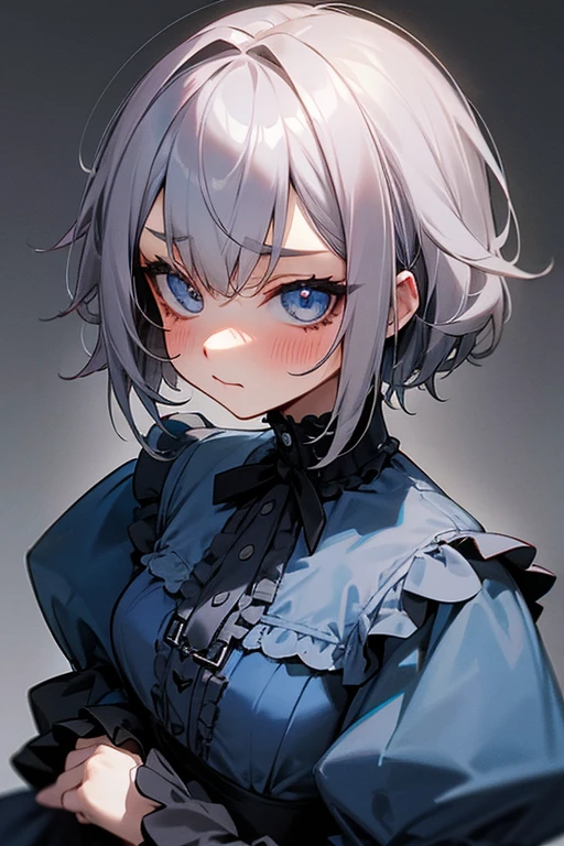 short gray hair, blush, Gothic Lolita、punk fashion、Headbang 2.、blue clothes、