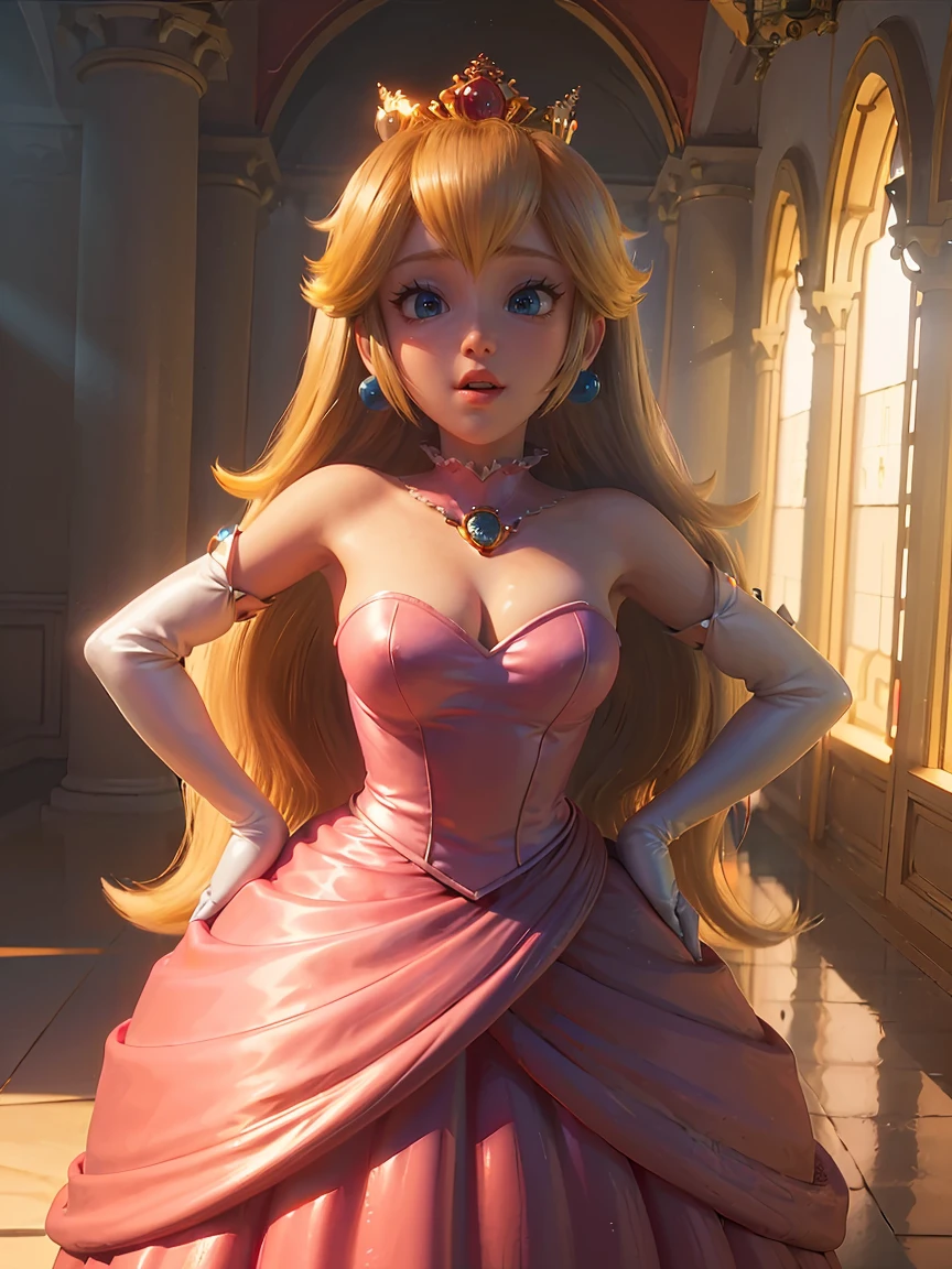 Princess Peach \(Mario Bros\), (Ela tem grandes olhos azuis brilhantes), (pele clara), (pele realista), (Glossy and pink lips), (((longos cabelos loiros lisos))), (Dark shadows compose), ((Seios muito enormes, Rosa )), (coxas grossas), (Corpo fino perfeito), ((completely naked, mamas expostas,  exposto)), (coroa), ((Posing sexy in peach princess castle)), (master part, High definition, Volumetric lights and dynamic shadowaster part)), (8k), (rosto perfeito), (Ultra Detalhes) (perfect hands, olho, e rosto), ((sorriso sexy)), 