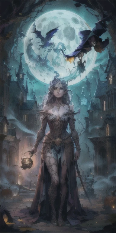 witch with a pumpkin and a skull in front of a full moon, the wizard, artgerm and brian froud, style of esao andrews, !!!esao andrews!!!, portrait of a wizard, brian froud style, inspired by Esao Andrews, inspired by Don Maitz, brian froud juan gimenez, art style of john blanche