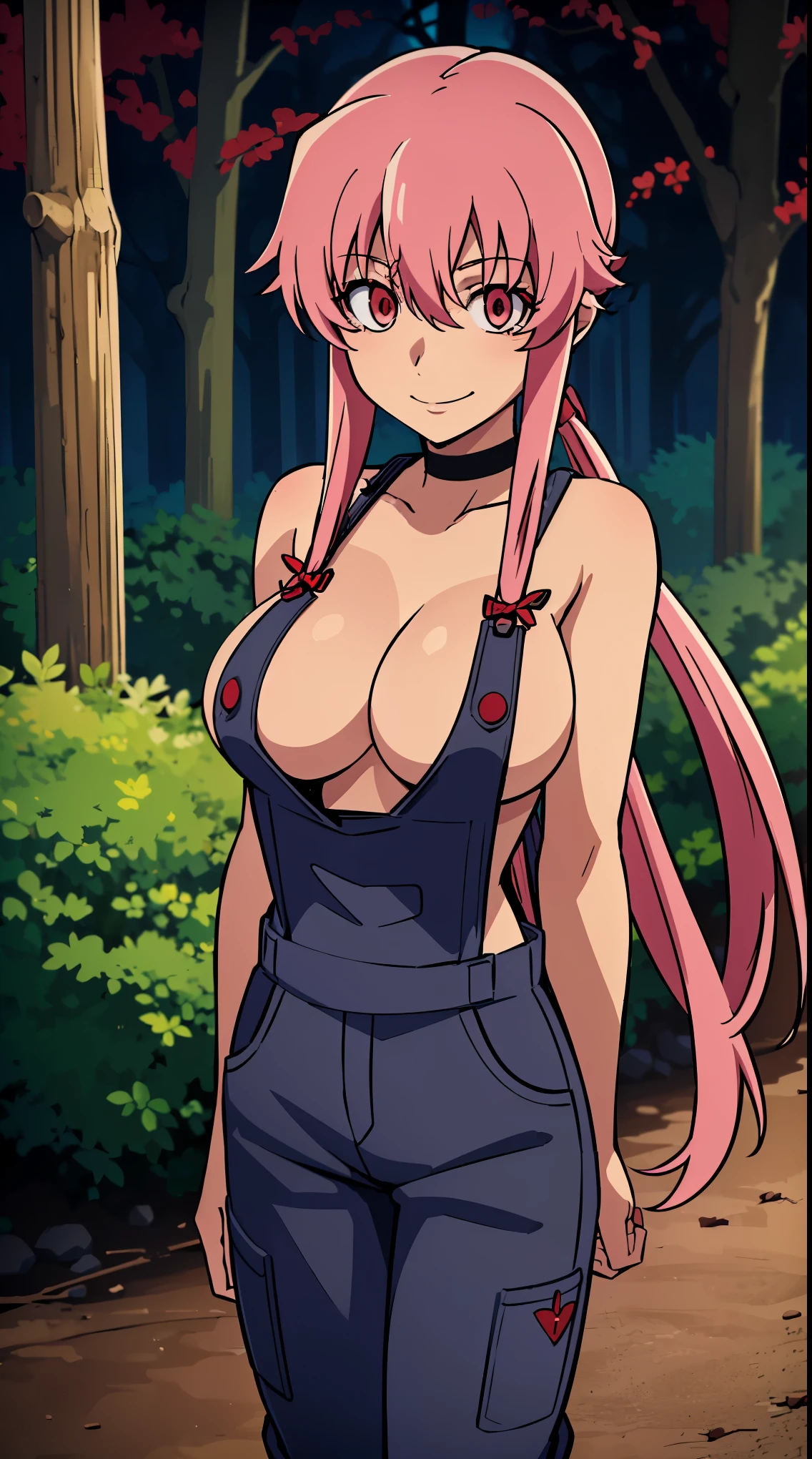 anime_still, masterpiece, best quality, 1girl, Gasai Yuno, long hair, pink hair, low twintails, smile, naked, red eyes, (large breasts:1.5),1girl, black choker, dark grey, (overalls:1.25), leather gloves, black boots, ((nigth:1.5)), (chasing you through the woods BY yuno gasai), moonlight, blood on floor, horror scane, (evil smile:1.4), (evil eyes:1.6), (horror_movies:1.5), (woods:1.6),(dark:1.7), (out_boors), blood on hands,blood stain
