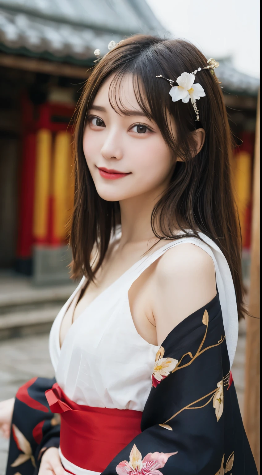 table top, highest quality, figure, Super detailed, finely, High resolution, 8k wallpaper, 完璧なダイナミックな構figure, detailed and beautiful eyes, colorful kimono,flower hair ornament,medium hair, middle of chest, natural color lip, random sexy poses,smile,Shrine with red torii gate
