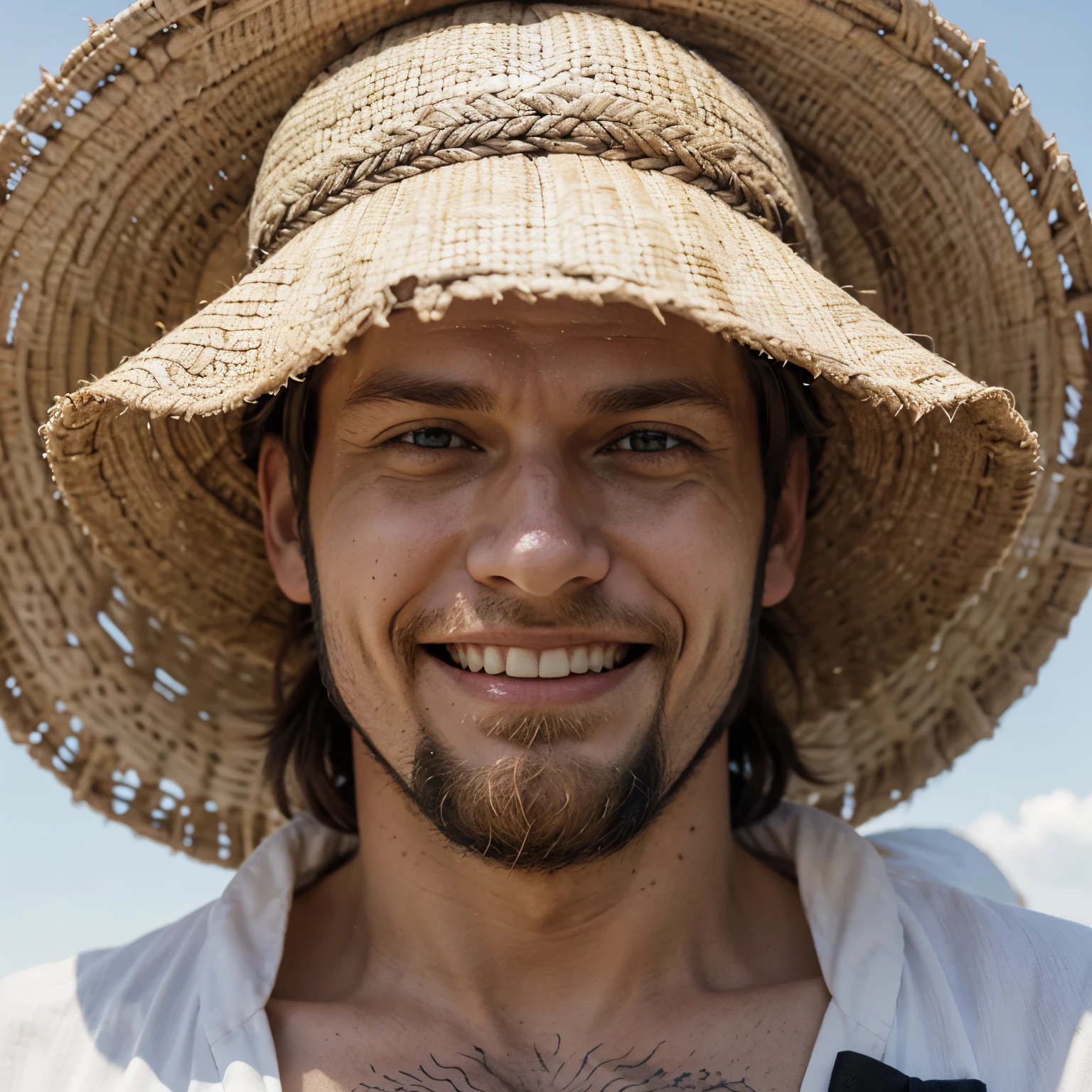 Bearded white man smiling one piece style with Luffy hat 