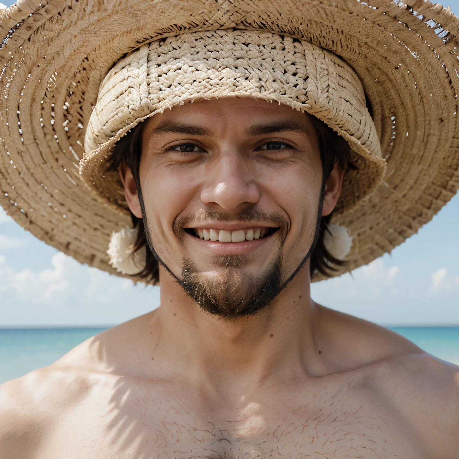 Bearded white man smiling one piece style with Luffy hat 